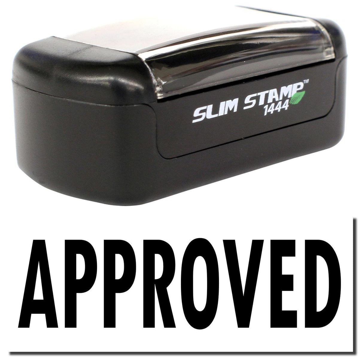A stock office pre-inked stamp with a stamped image showing how the text &quot;APPROVED&quot; is displayed after stamping.