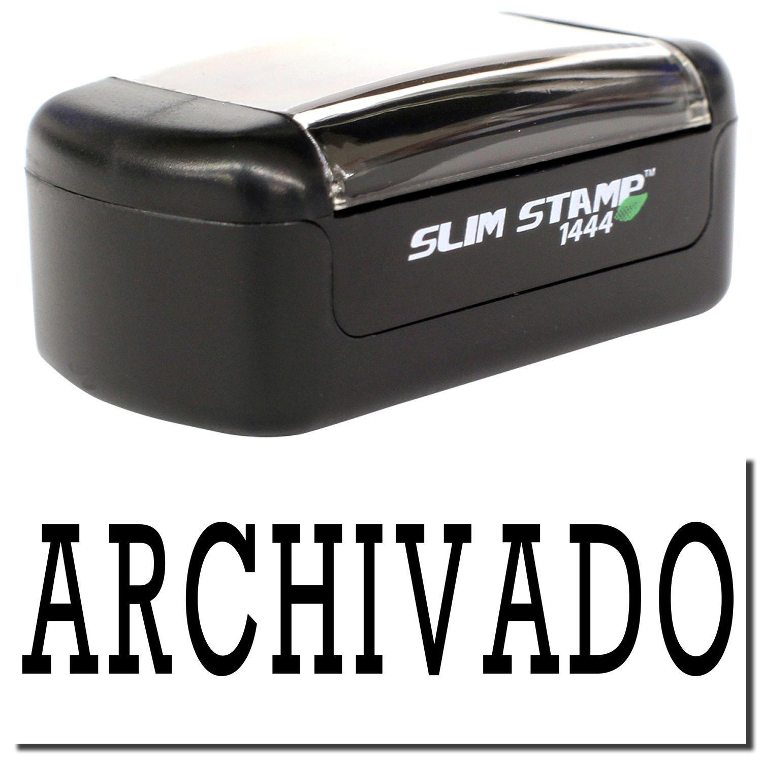 A stock office pre-inked stamp with a stamped image showing how the text ARCHIVADO is displayed after stamping.