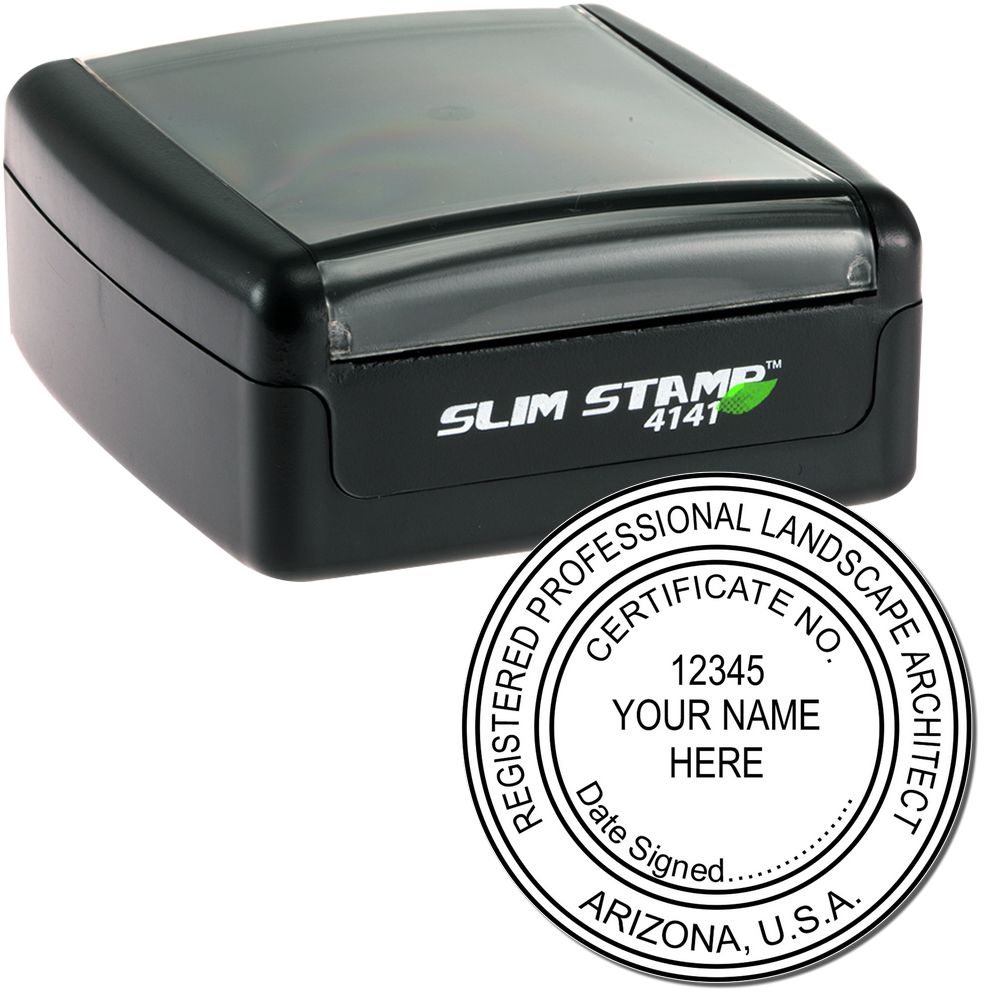 The main image for the Slim Pre-Inked Arizona Landscape Architect Seal Stamp depicting a sample of the imprint and electronic files