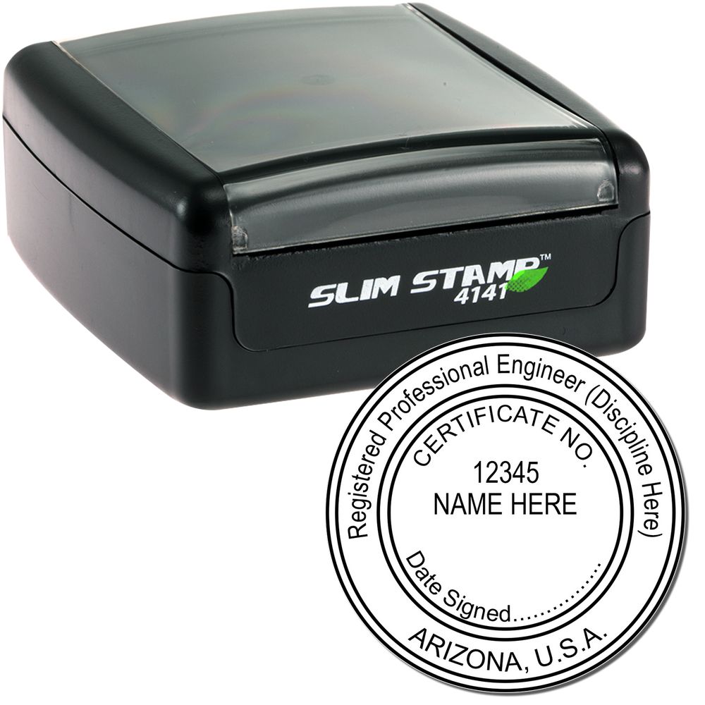 The main image for the Slim Pre-Inked Arizona Professional Engineer Seal Stamp depicting a sample of the imprint and electronic files