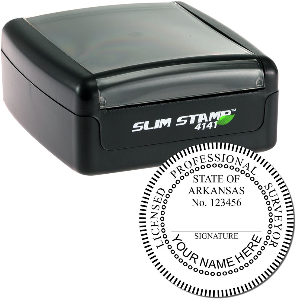 The main image for the Slim Pre-Inked Arkansas Land Surveyor Seal Stamp depicting a sample of the imprint and electronic files