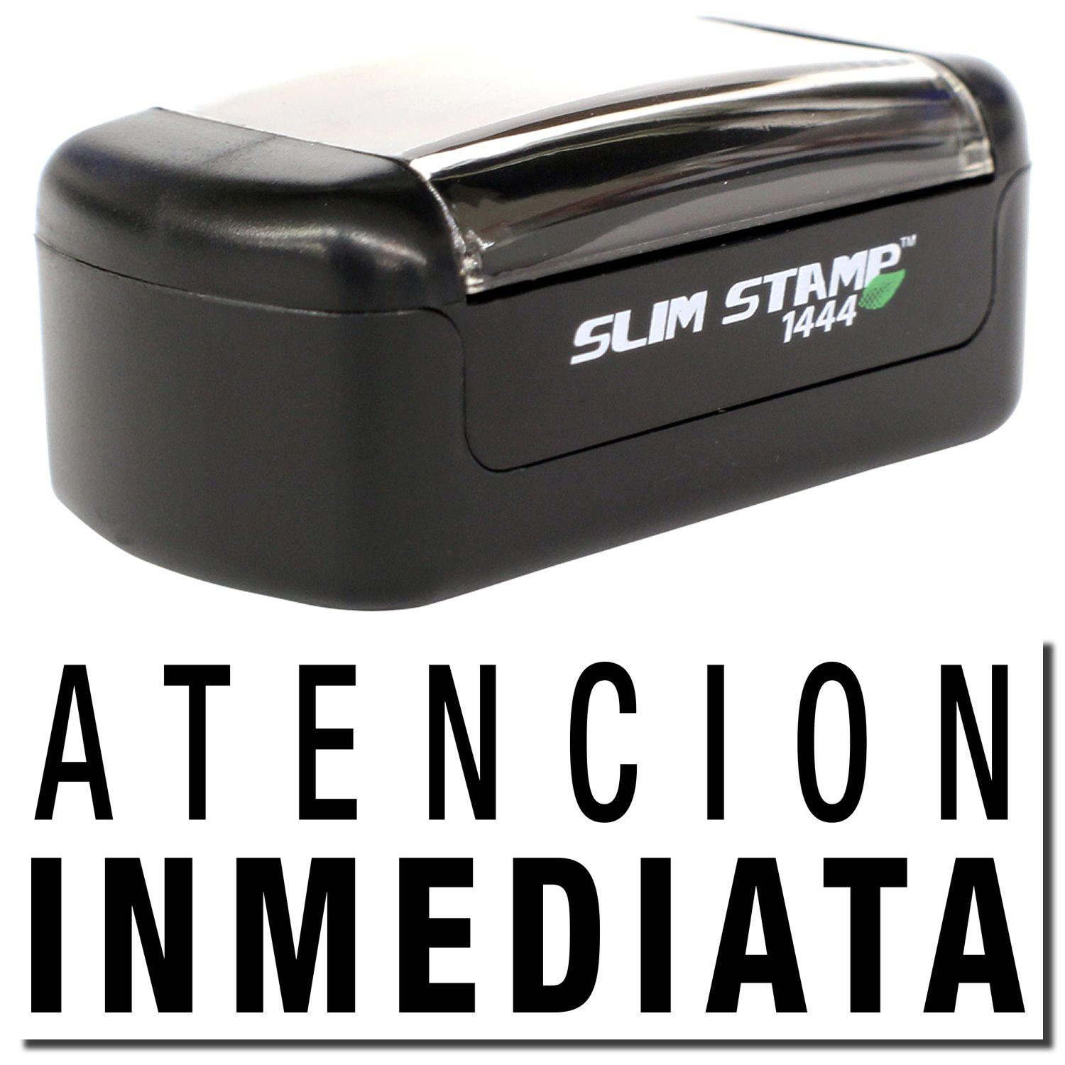 A stock office pre-inked stamp with a stamped image showing how the text ATENCION INMEDIATA is displayed after stamping.