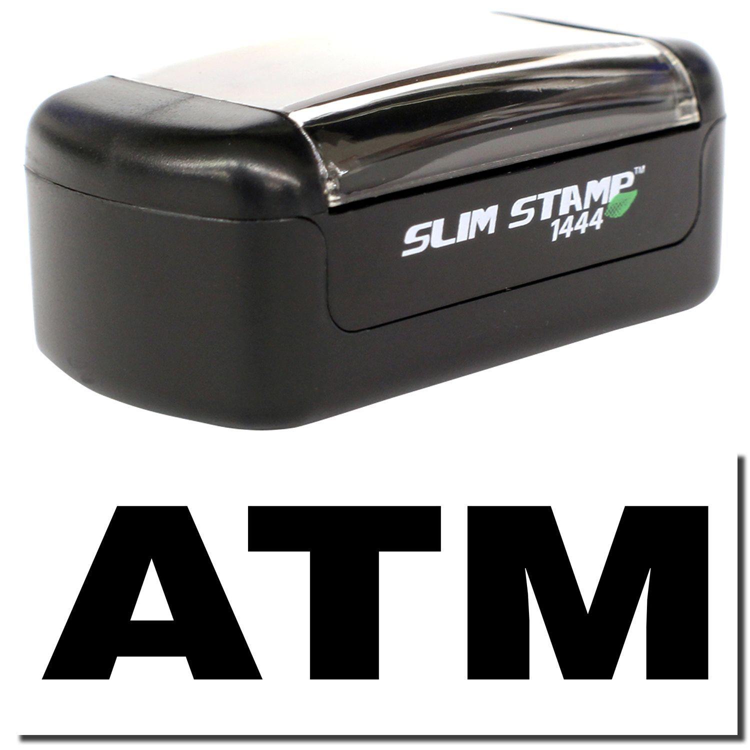 A stock office pre-inked stamp with a stamped image showing how the text ATM is displayed after stamping.