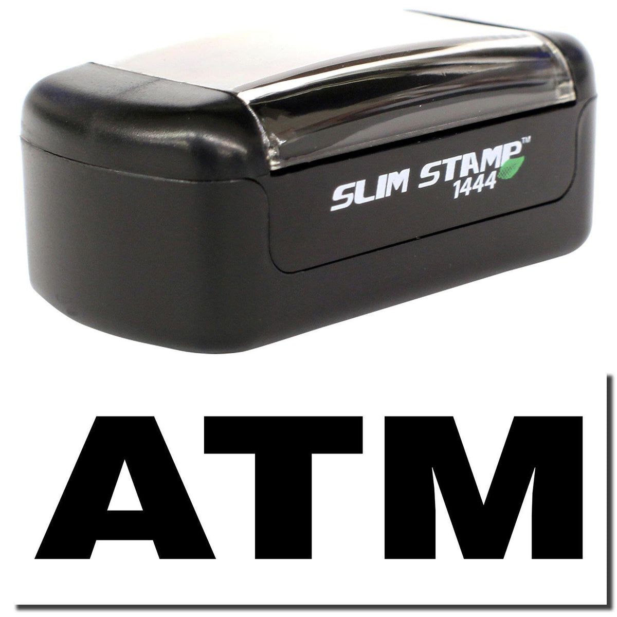 A stock office pre-inked stamp with a stamped image showing how the text &quot;ATM&quot; is displayed after stamping.