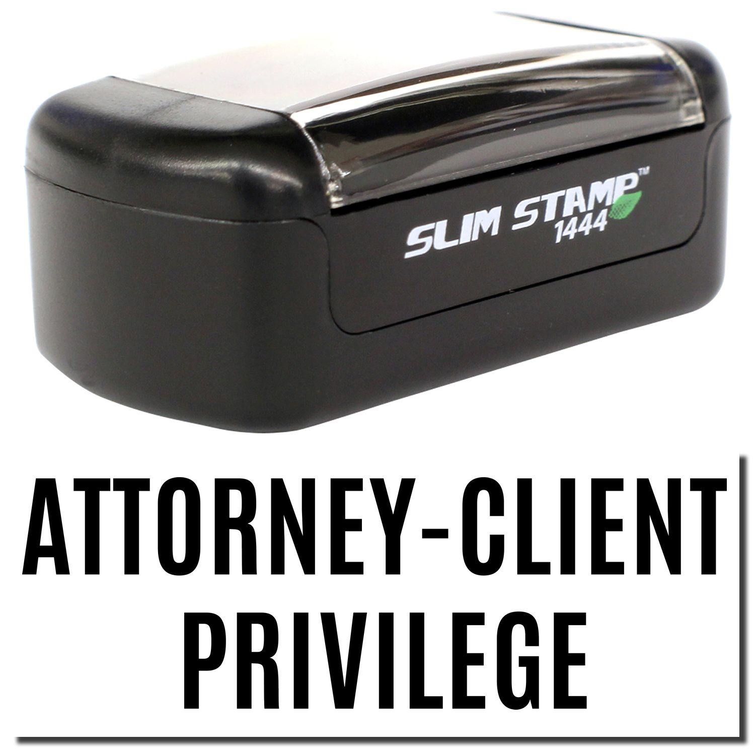 A stock office pre-inked stamp with a stamped image showing how the text ATTORNEY-CLIENT PRIVILEGE is displayed after stamping.