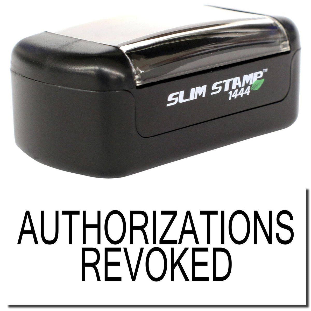 A stock office pre-inked stamp with a stamped image showing how the text &quot;AUTHORIZATIONS REVOKED&quot; is displayed after stamping.