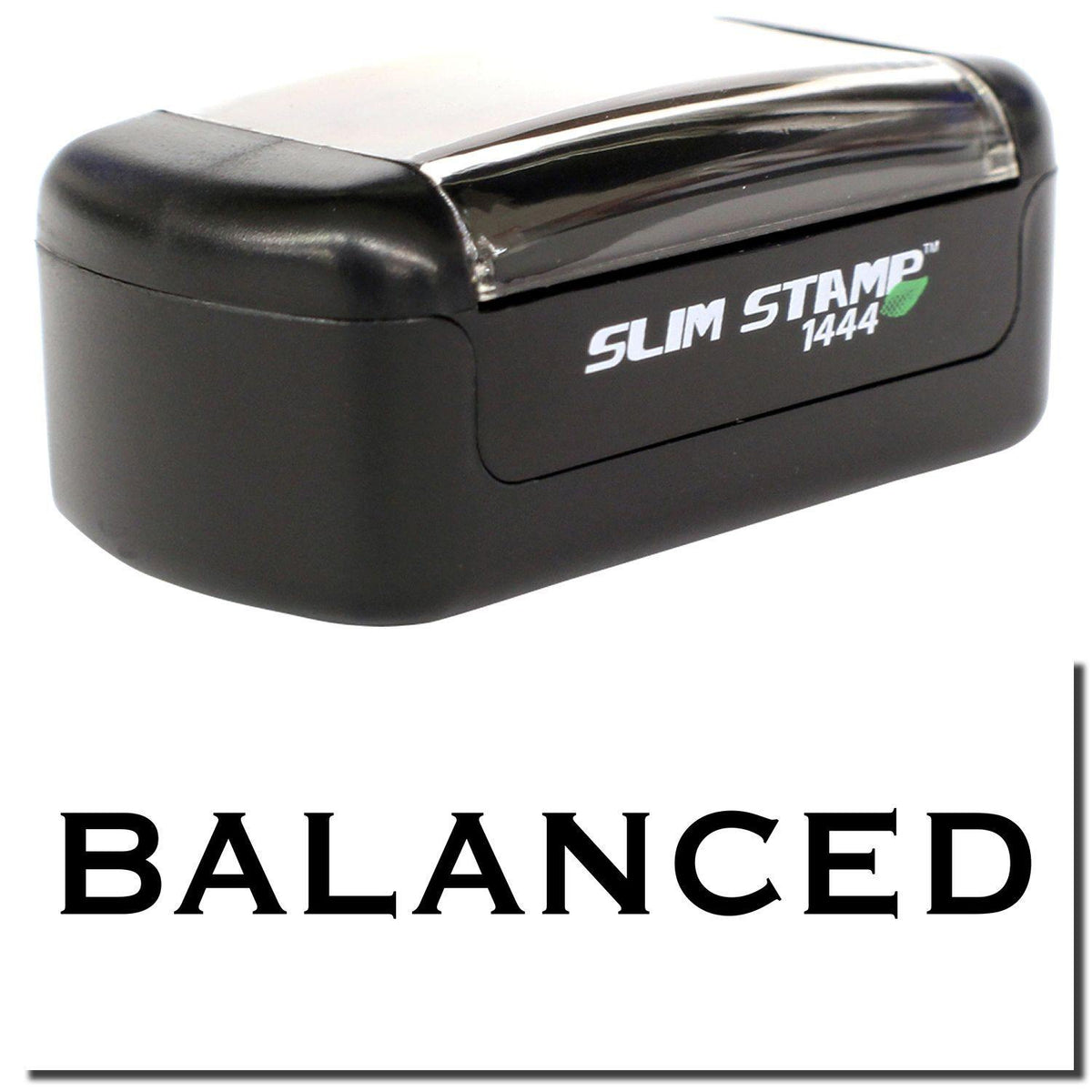 A stock office pre-inked stamp with a stamped image showing how the text &quot;BALANCED&quot; is displayed after stamping.