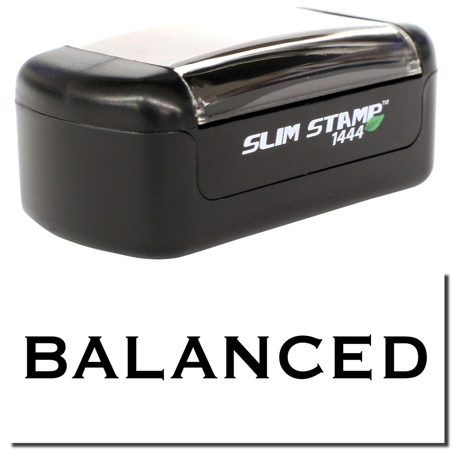 A stock office pre-inked stamp with a stamped image showing how the text "BALANCED" is displayed after stamping.