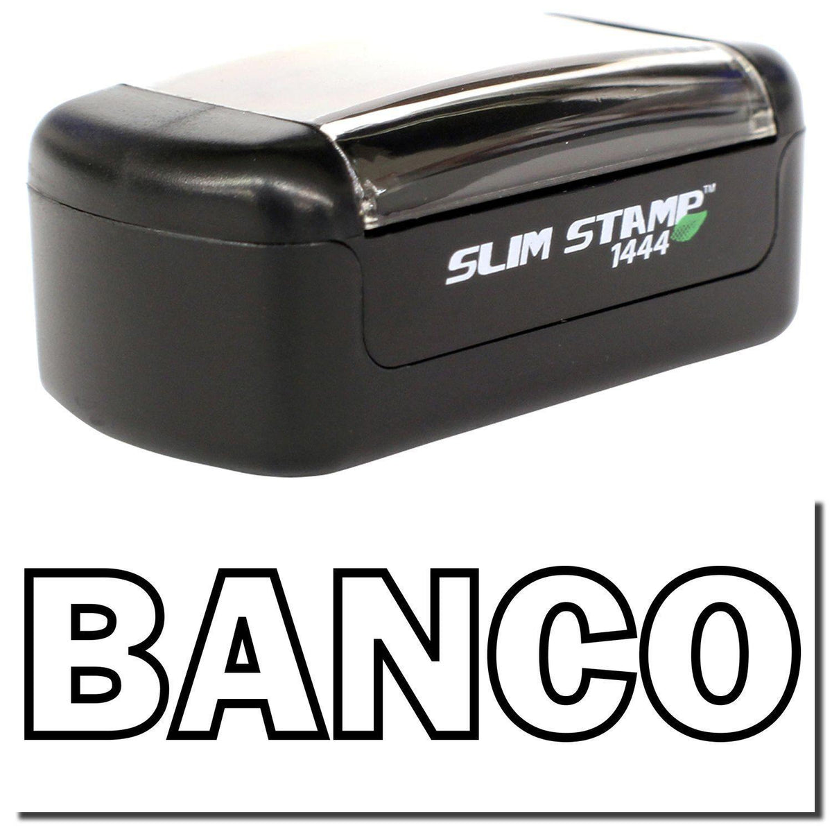 A stock office pre-inked stamp with a stamped image showing how the text &quot;BANCO&quot; in an outline font is displayed after stamping.