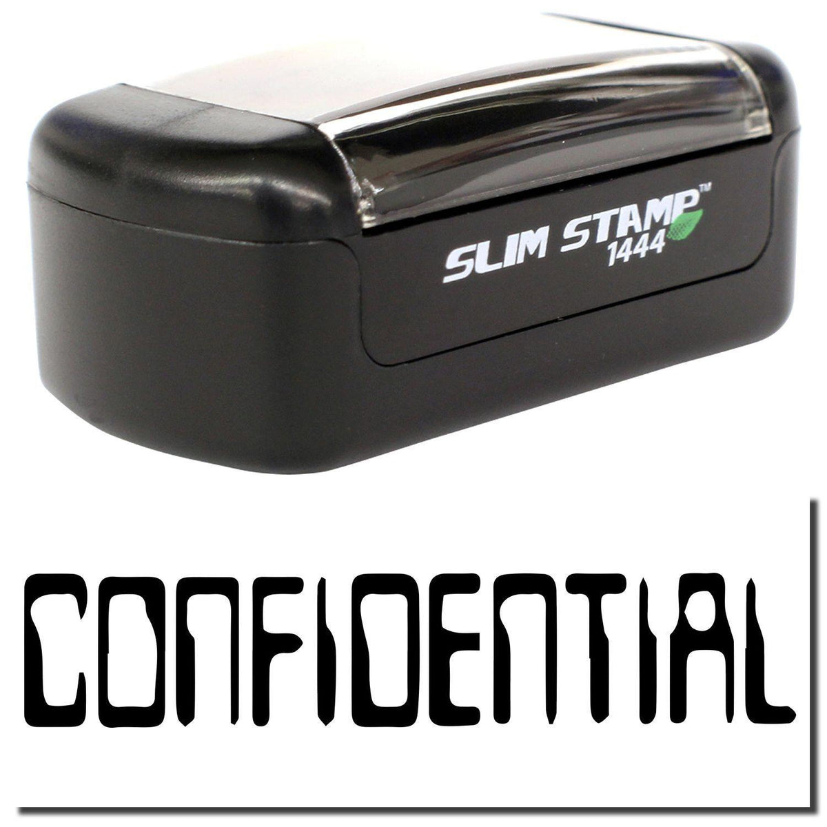 A stock office pre-inked stamp with a stamped image showing how the text &quot;CONFIDENTIAL&quot; in a barcode font is displayed after stamping.
