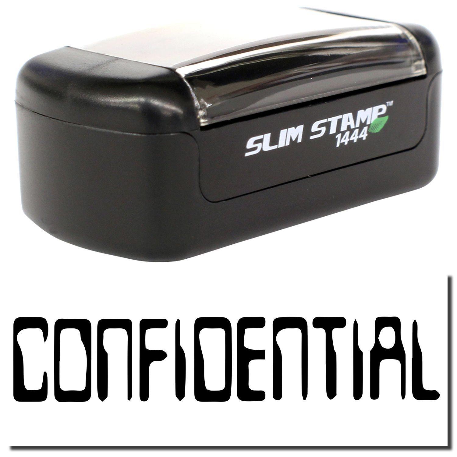 A stock office pre-inked stamp with a stamped image showing how the text "CONFIDENTIAL" in a barcode font is displayed after stamping.