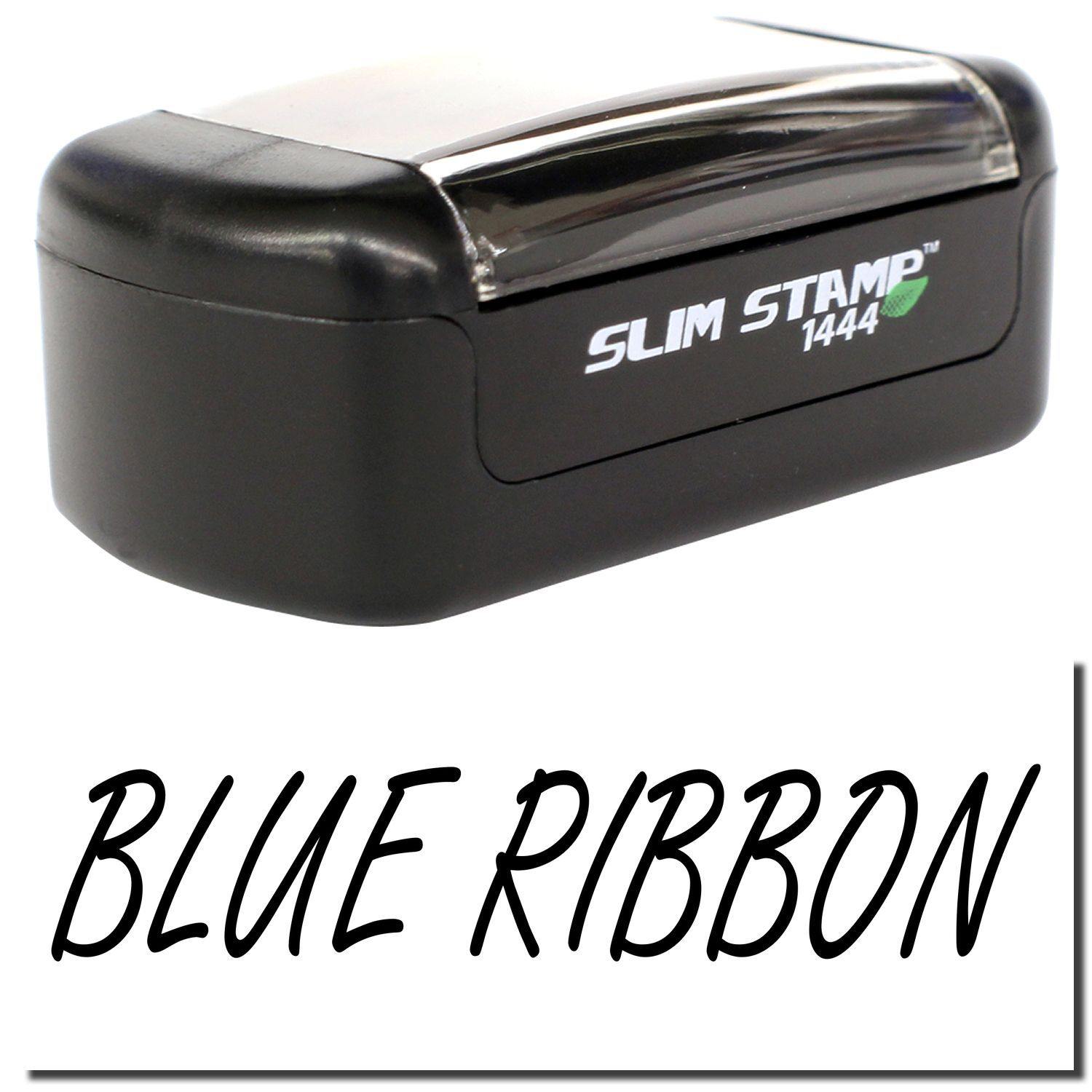 A stock office pre-inked stamp with a stamped image showing how the text "BLUE RIBBON" is displayed after stamping.