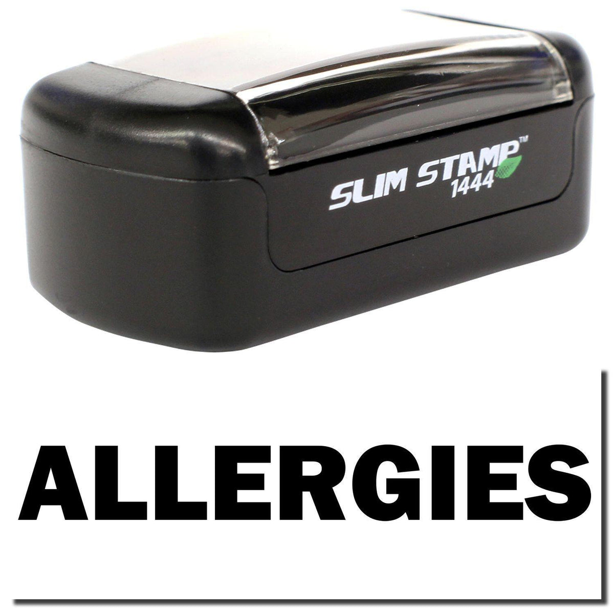 A stock office pre-inked stamp with a stamped image showing how the text &quot;ALLERGIES&quot; in bold font is displayed after stamping.