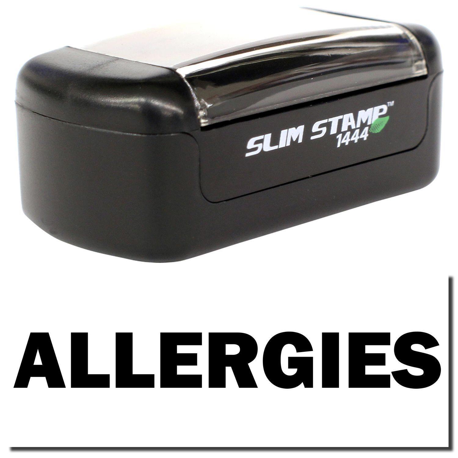 A stock office pre-inked stamp with a stamped image showing how the text "ALLERGIES" in bold font is displayed after stamping.