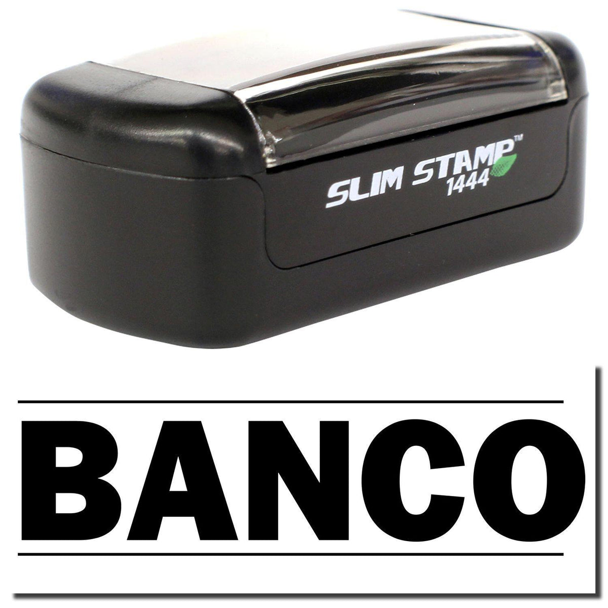 A stock office pre-inked stamp with a stamped image showing how the text &quot;BANCO&quot; in bold font with a line both above and below the text is displayed after stamping.