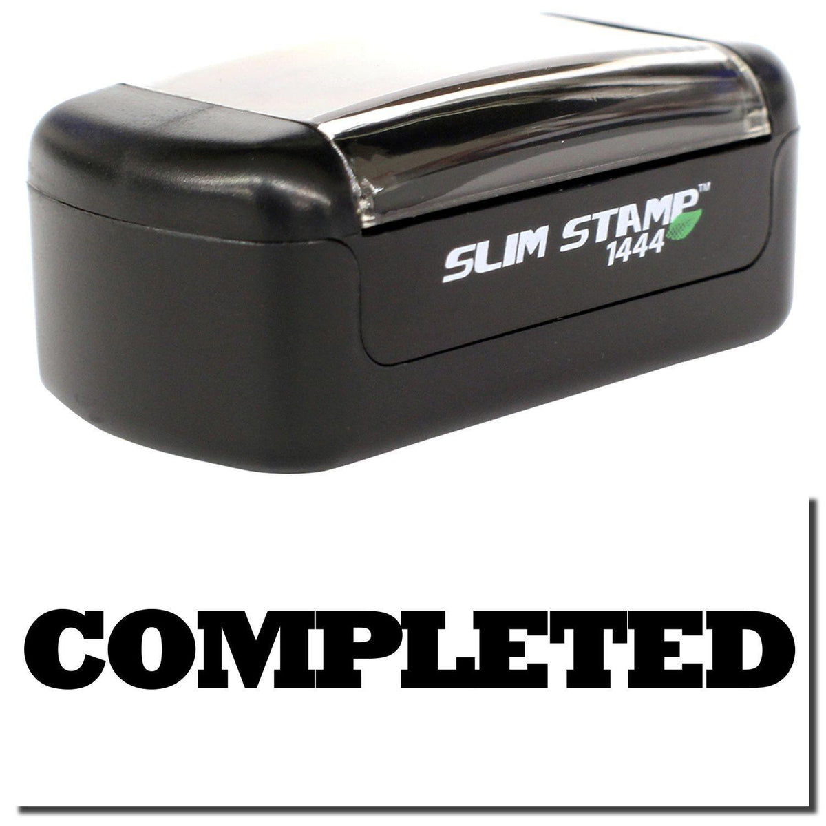 A stock office pre-inked stamp with a stamped image showing how the text &quot;COMPLETED&quot; in bold font is displayed after stamping.
