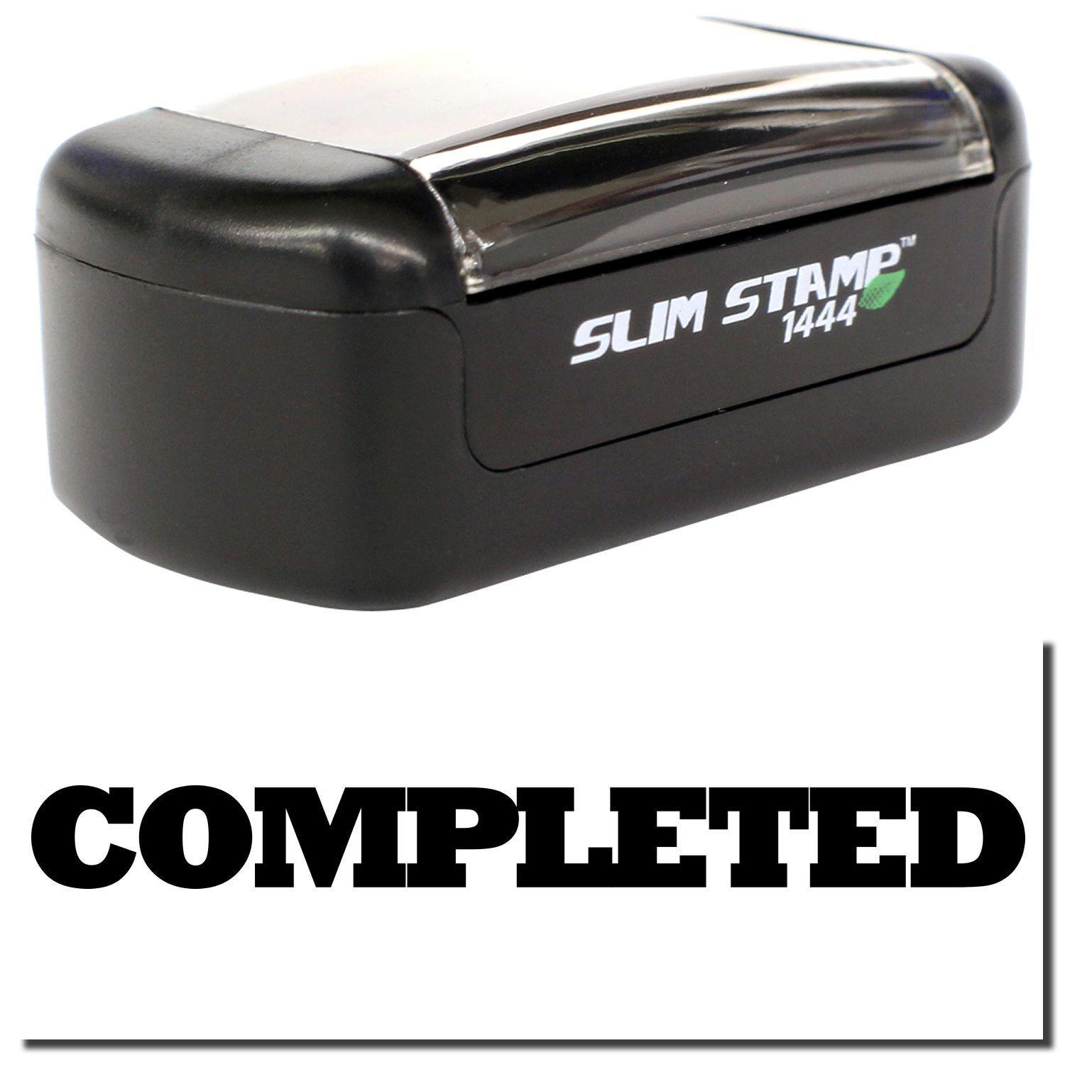 A stock office pre-inked stamp with a stamped image showing how the text "COMPLETED" in bold font is displayed after stamping.