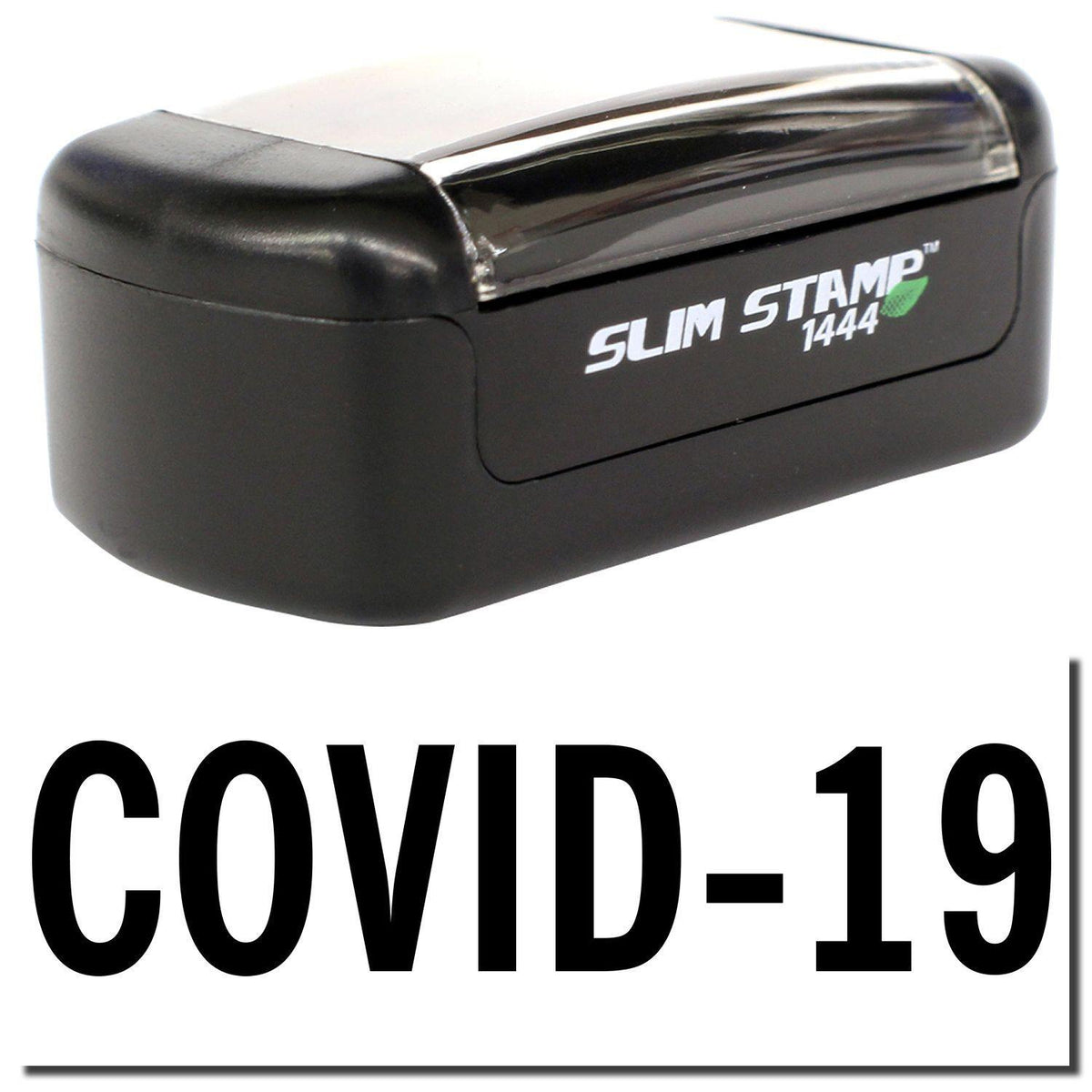 A stock office pre-inked stamp with a stamped image showing how the text &quot;COVID-19&quot; in bold font is displayed after stamping.