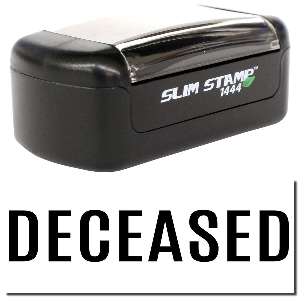 A stock office pre-inked stamp with a stamped image showing how the text &quot;DECEASED&quot; in bold font is displayed after stamping.