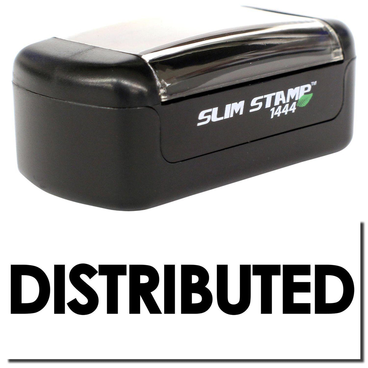 A stock office pre-inked stamp with a stamped image showing how the text &quot;DISTRIBUTED&quot; in bold font is displayed after stamping.