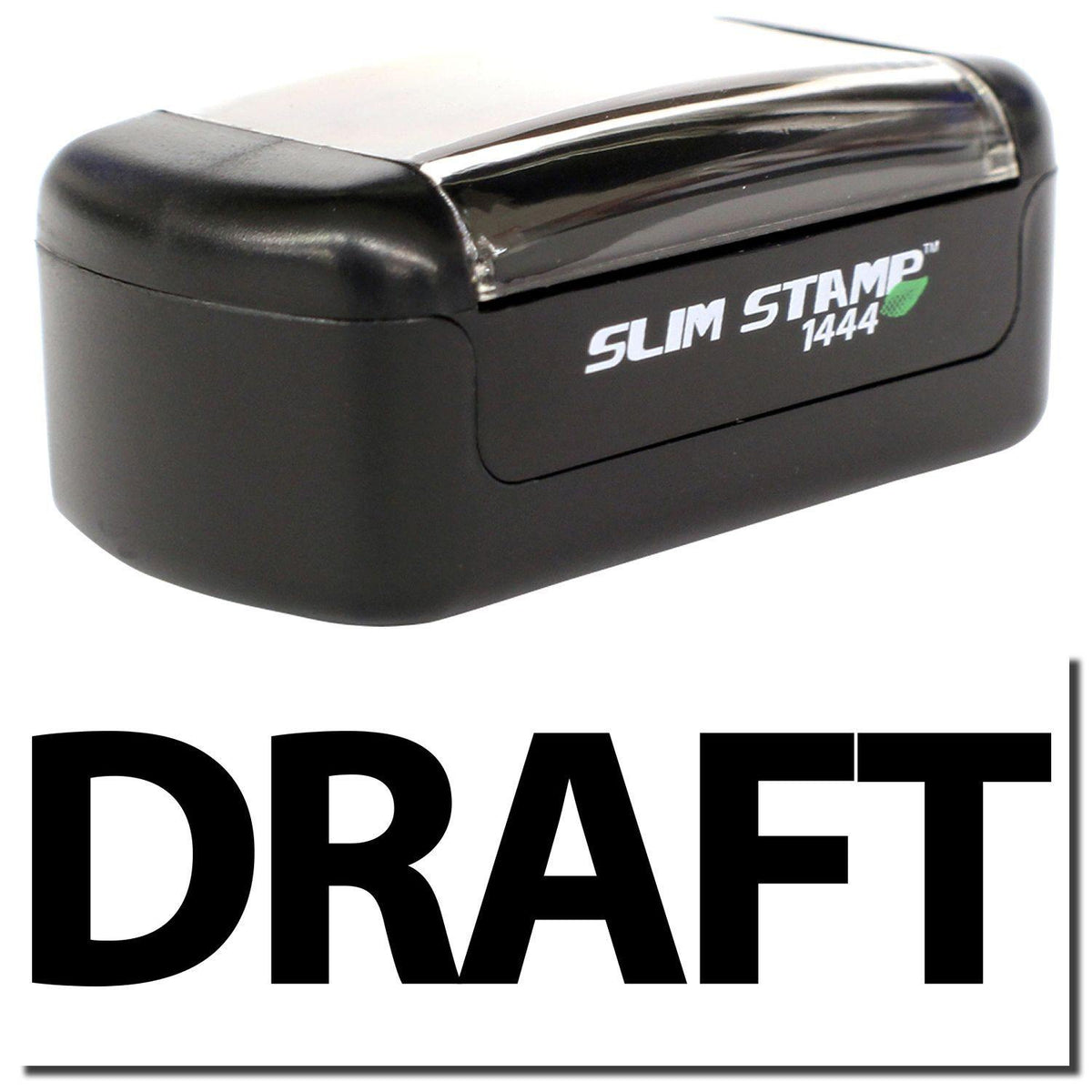 A stock office pre-inked stamp with a stamped image showing how the text &quot;DRAFT&quot; in bold font is displayed after stamping.