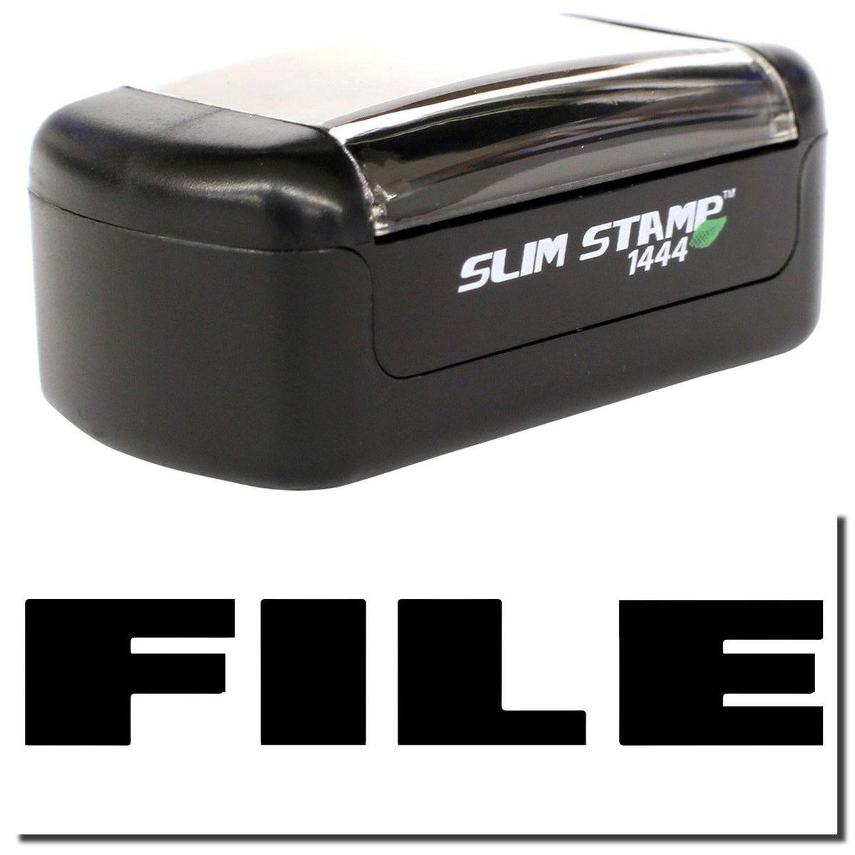 A stock office pre-inked stamp with a stamped image showing how the text &quot;FILE&quot; in bold font is displayed after stamping.