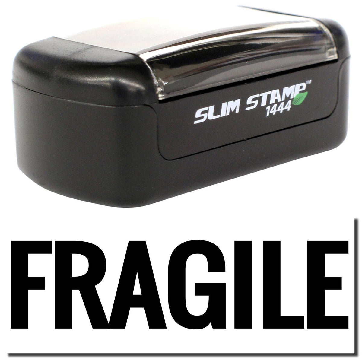A stock office pre-inked stamp with a stamped image showing how the text &quot;FRAGILE&quot; in bold font is displayed after stamping.