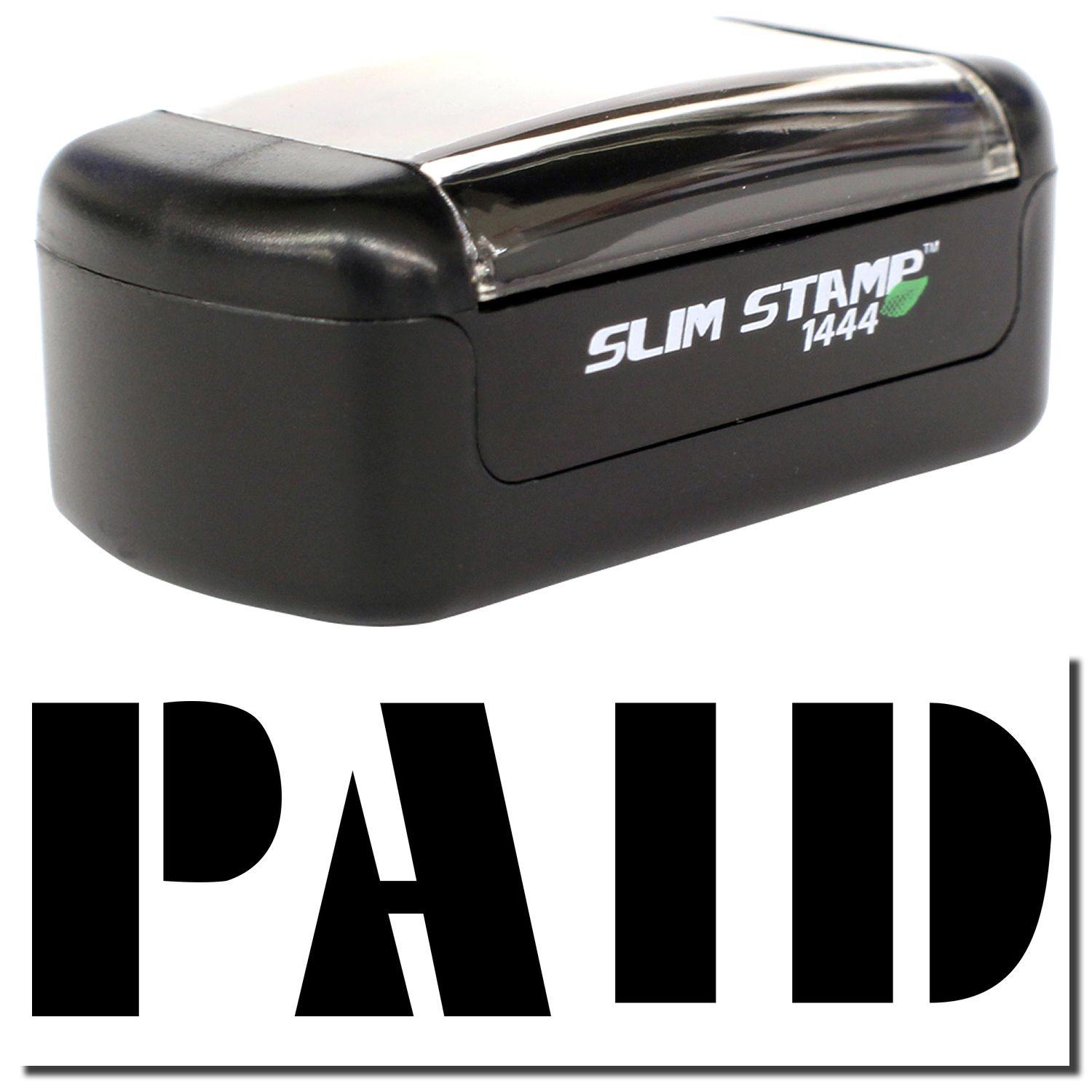 A stock office pre-inked stamp with a stamped image showing how the text "PAID" in bold font is displayed after stamping.