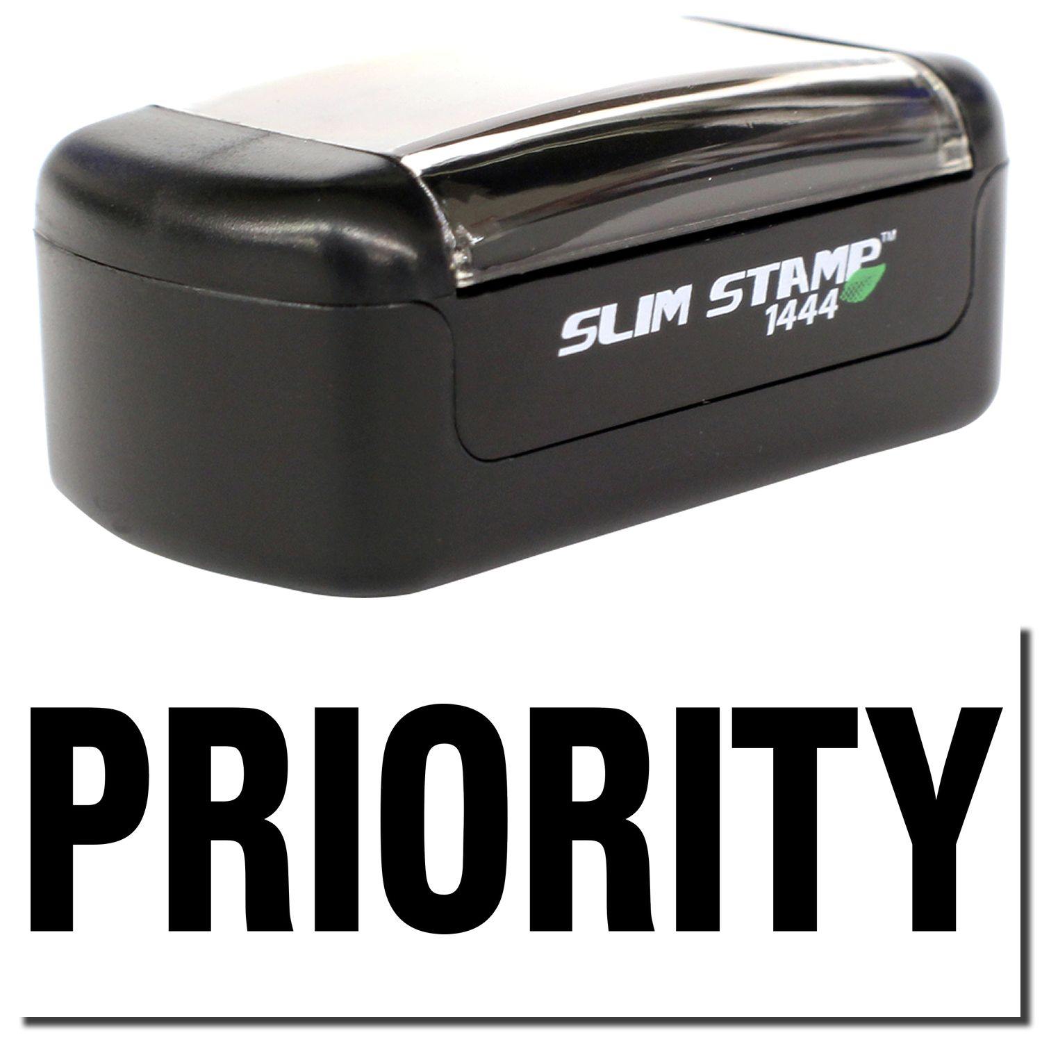 A stock office pre-inked stamp with a stamped image showing how the text PRIORITY in bold font is displayed after stamping.