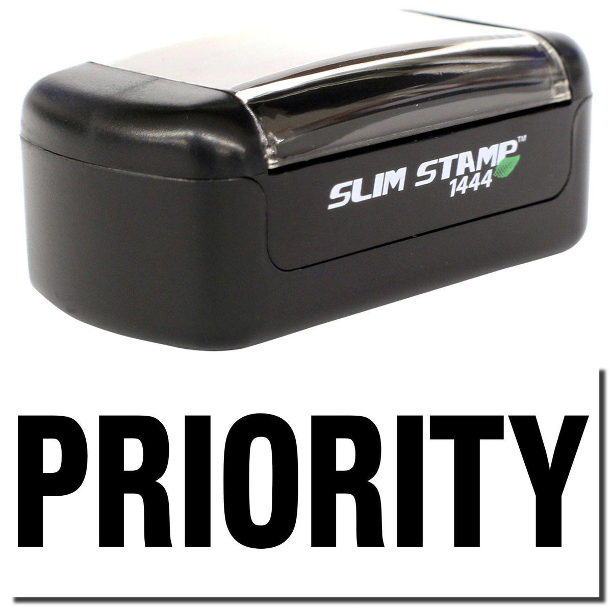A stock office pre-inked stamp with a stamped image showing how the text &quot;PRIORITY&quot; in bold font is displayed after stamping.
