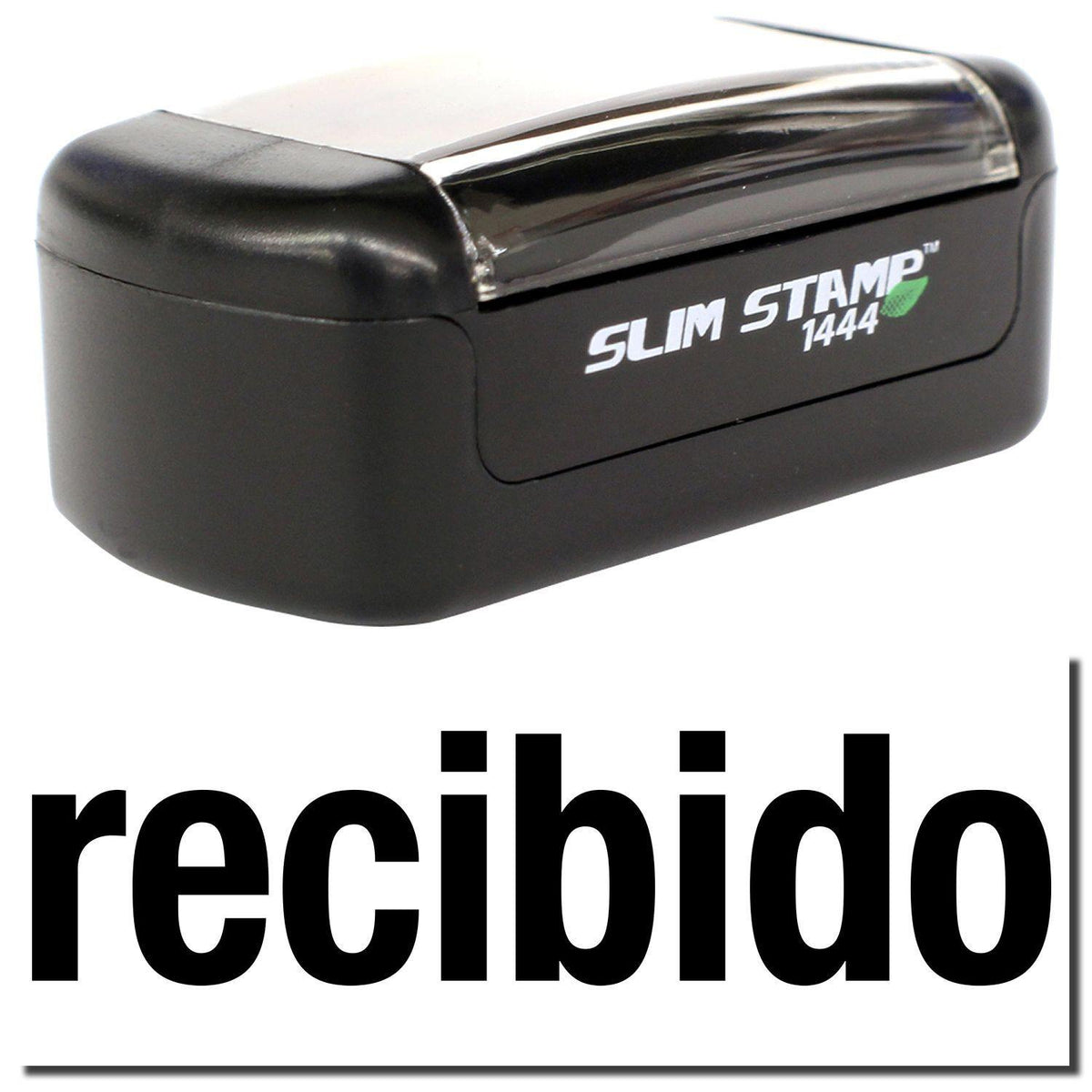 A stock office pre-inked stamp with a stamped image showing how the text &quot;recibido&quot; in bold font is displayed after stamping.
