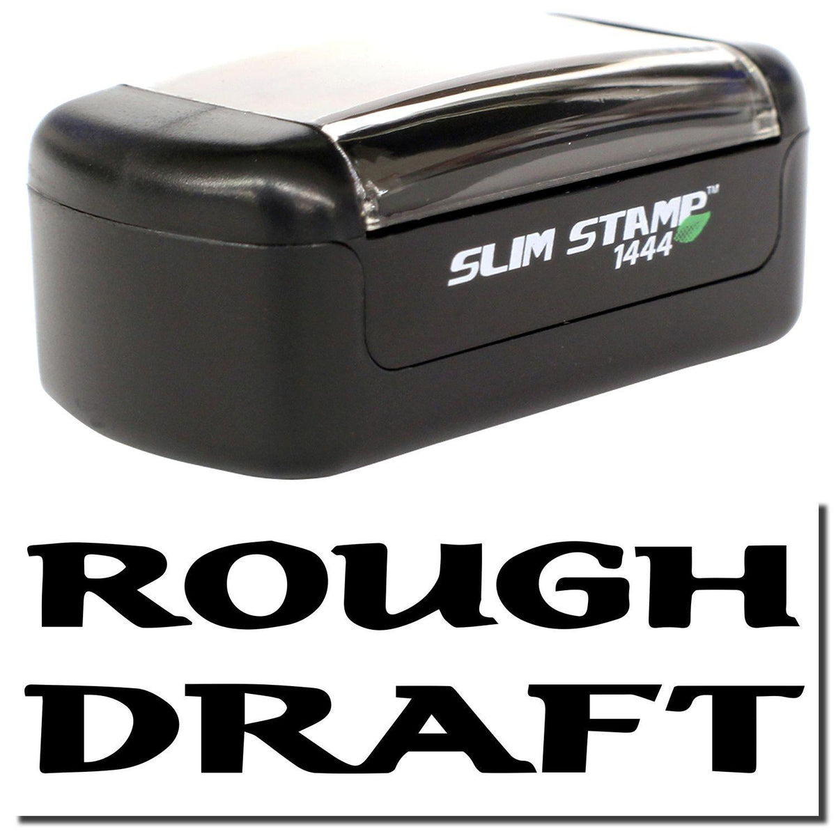 A stock office pre-inked stamp with a stamped image showing how the text &quot;ROUGH DRAFT&quot; in bold font is displayed after stamping.