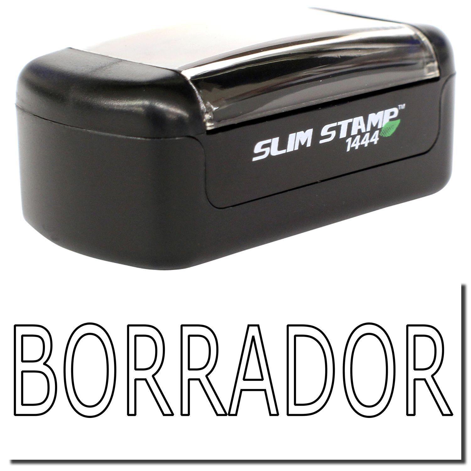 A stock office pre-inked stamp with a stamped image showing how the text BORRADOR in an outline font is displayed after stamping.