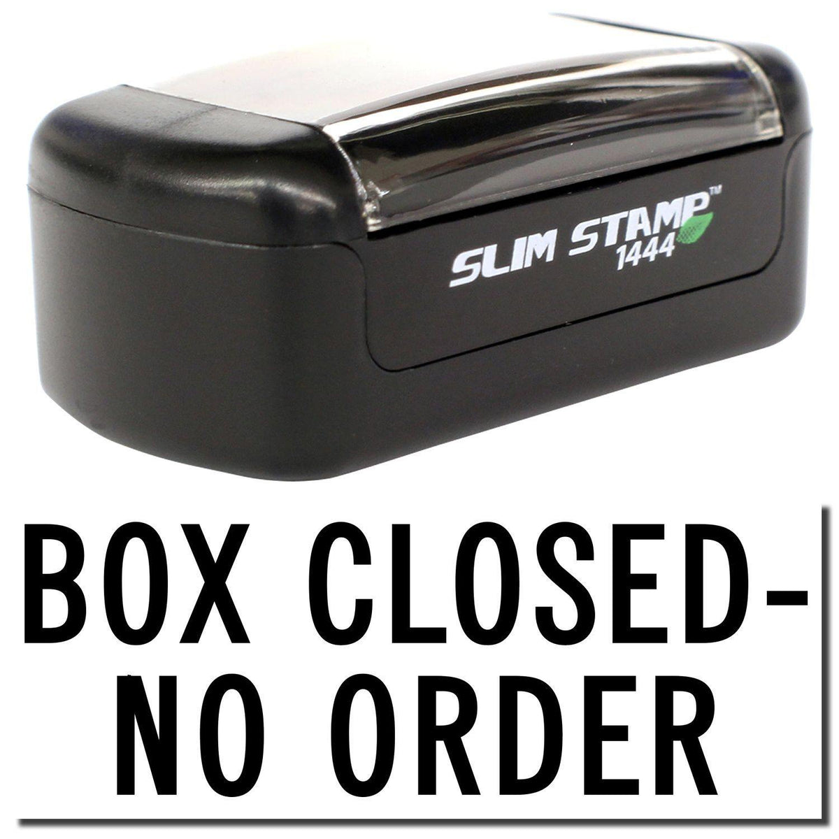 A stock office pre-inked stamp with a stamped image showing how the text &quot;BOX CLOSED - NO ORDER&quot; is displayed after stamping.