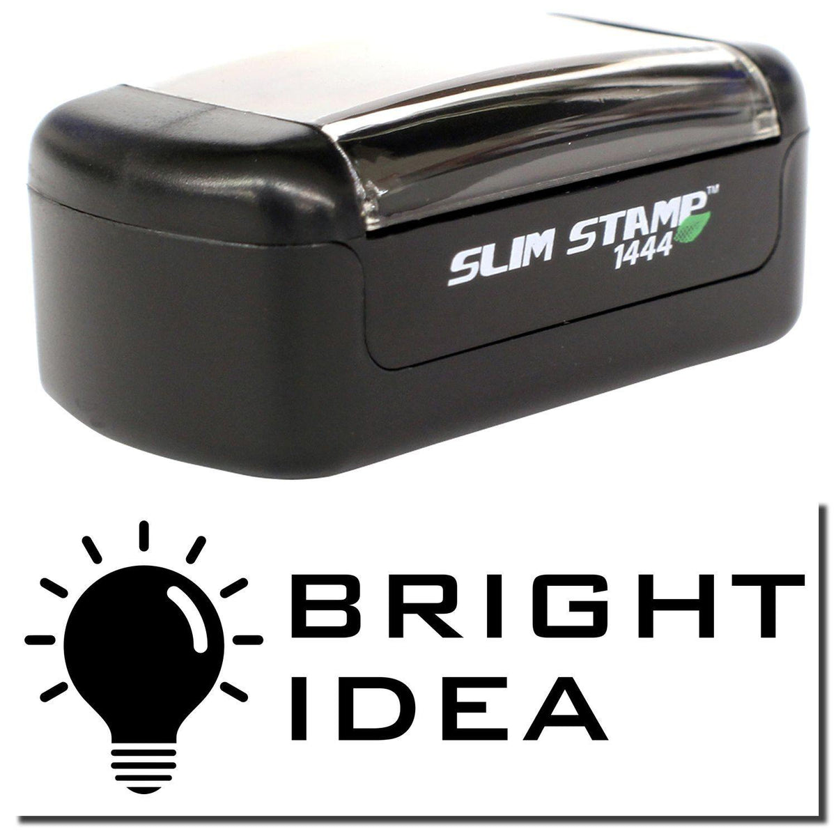 A stock office pre-inked stamp with a stamped image showing how the text &quot;BRIGHT IDEA&quot; in a tech-style font with an image of a bright lightbulb on the left is displayed after stamping.