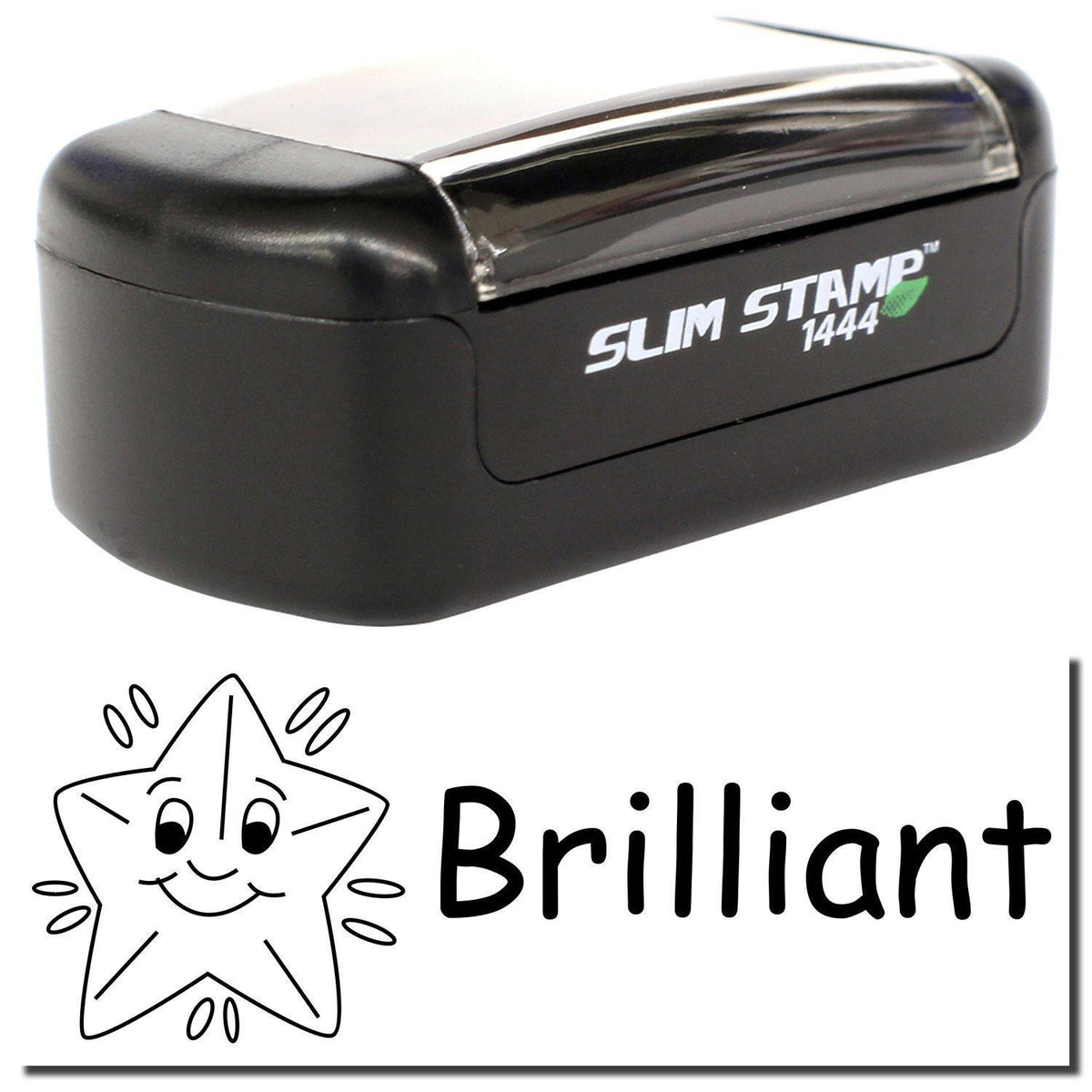 A stock office pre-inked stamp with a stamped image showing how the text &quot;Brilliant&quot; with a graphic of a smiling shining star on the left is displayed after stamping.
