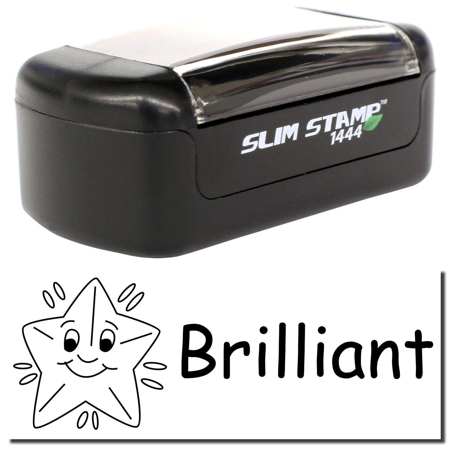A stock office pre-inked stamp with a stamped image showing how the text "Brilliant" with a graphic of a smiling shining star on the left is displayed after stamping.