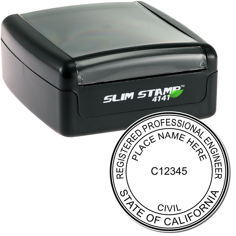 The main image for the Slim Pre-Inked California Professional Engineer Seal Stamp depicting a sample of the imprint and electronic files