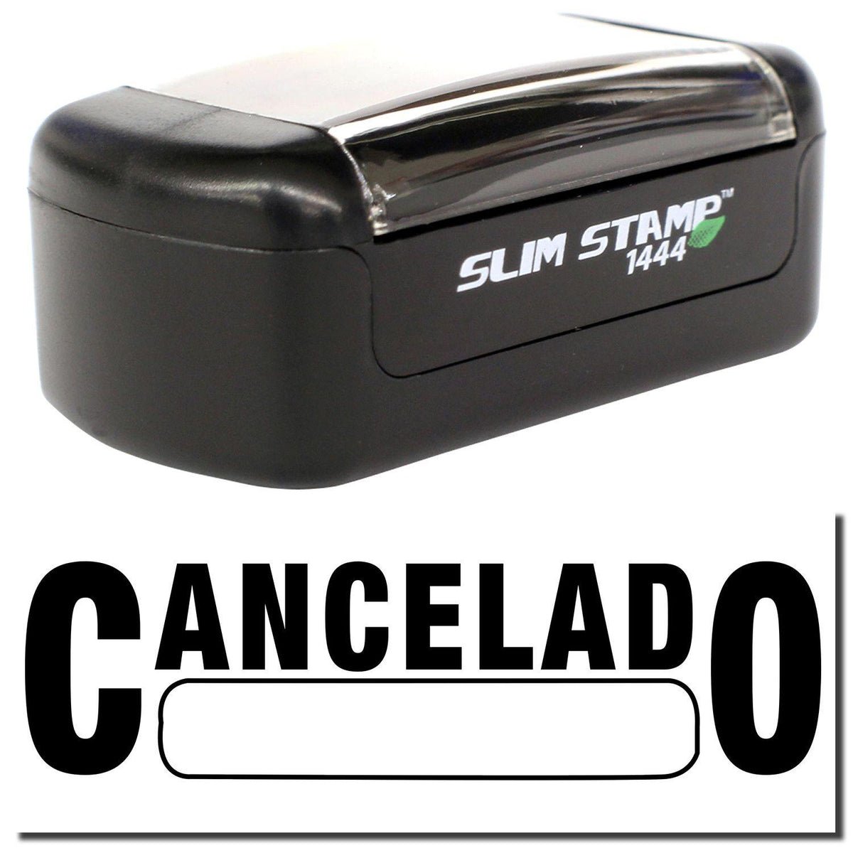 A stock office pre-inked stamp with a stamped image showing how the text &quot;CANCELADO&quot; with a box is displayed after stamping.