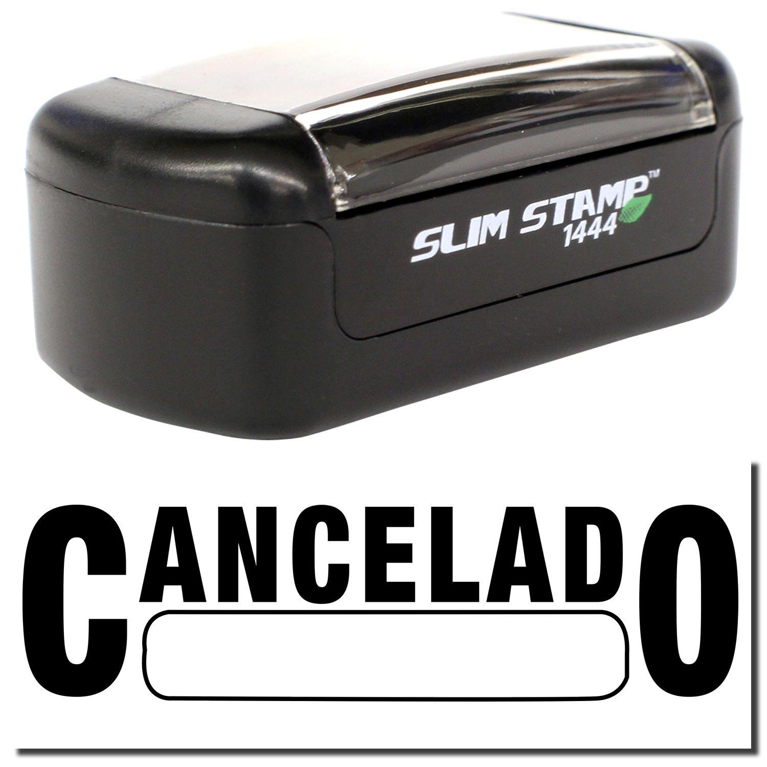 A stock office pre-inked stamp with a stamped image showing how the text "CANCELADO" with a box is displayed after stamping.