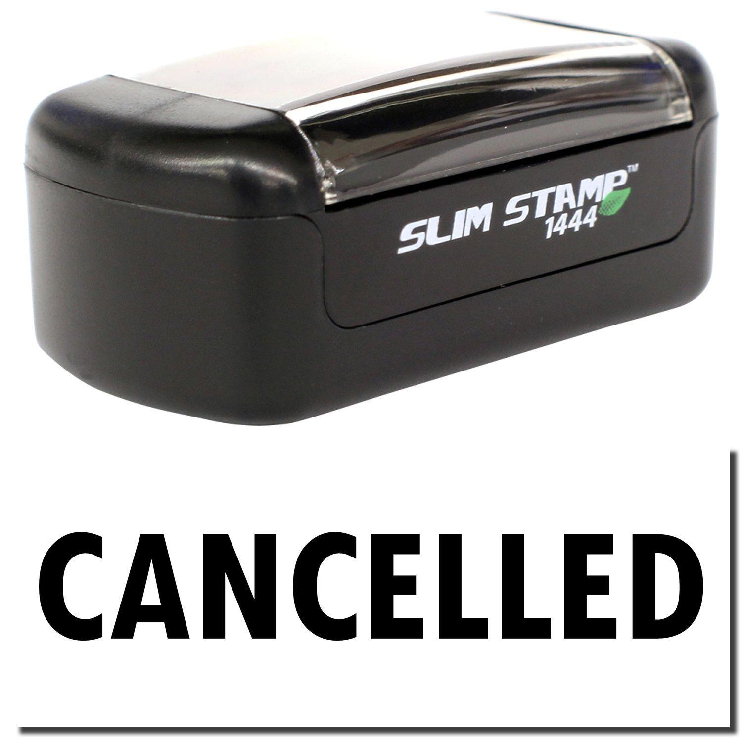 A stock office pre-inked stamp with a stamped image showing how the text CANCELLED is displayed after stamping.