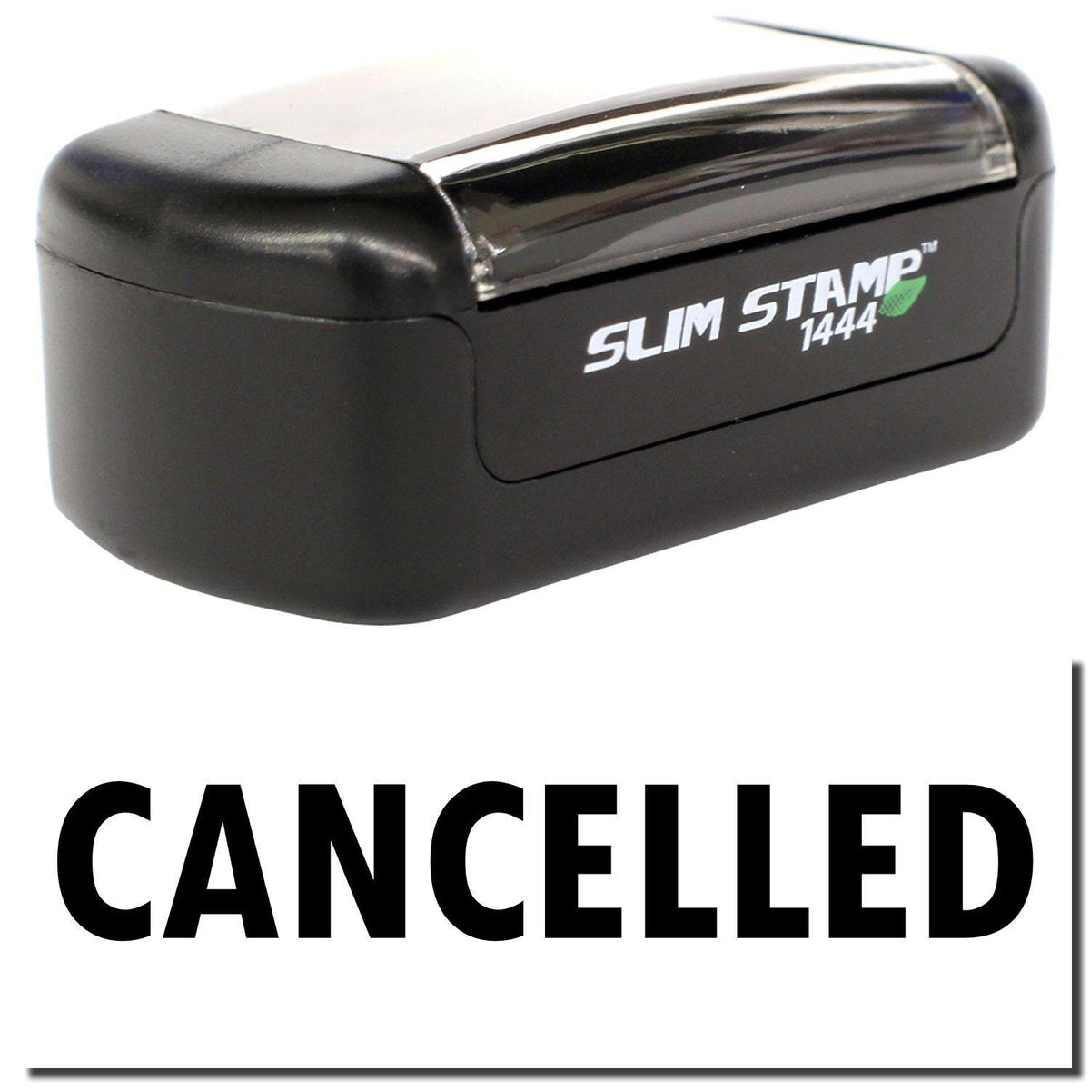 A stock office pre-inked stamp with a stamped image showing how the text &quot;CANCELLED&quot; is displayed after stamping.