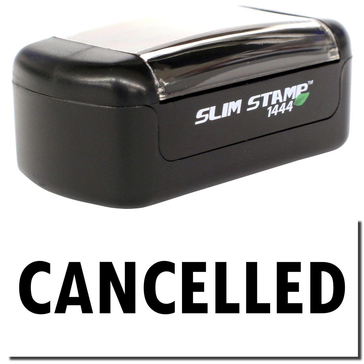 A stock office pre-inked stamp with a stamped image showing how the text "CANCELLED" is displayed after stamping.