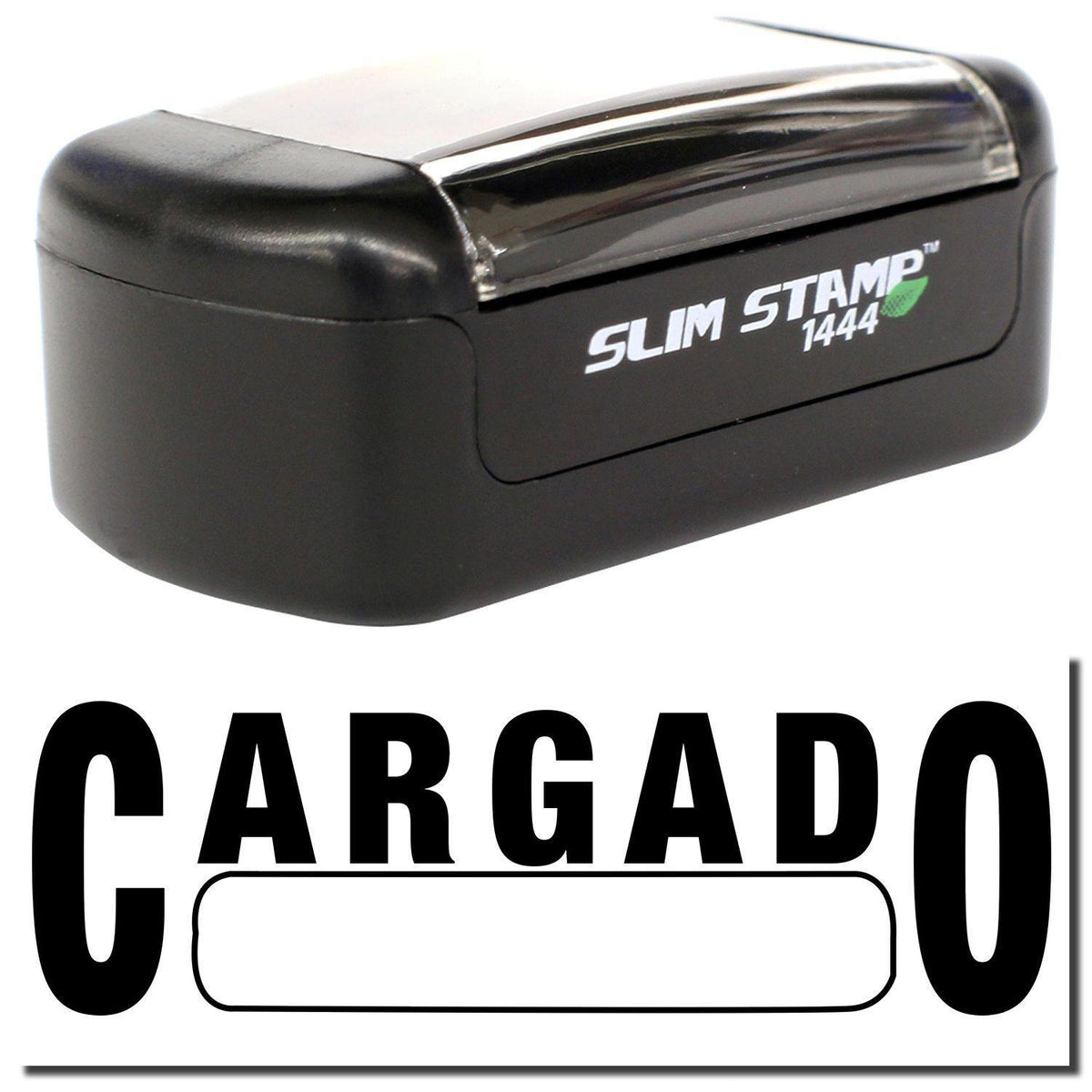 A stock office pre-inked stamp with a stamped image showing how the text &quot;CARGADO&quot; with a box is displayed after stamping.