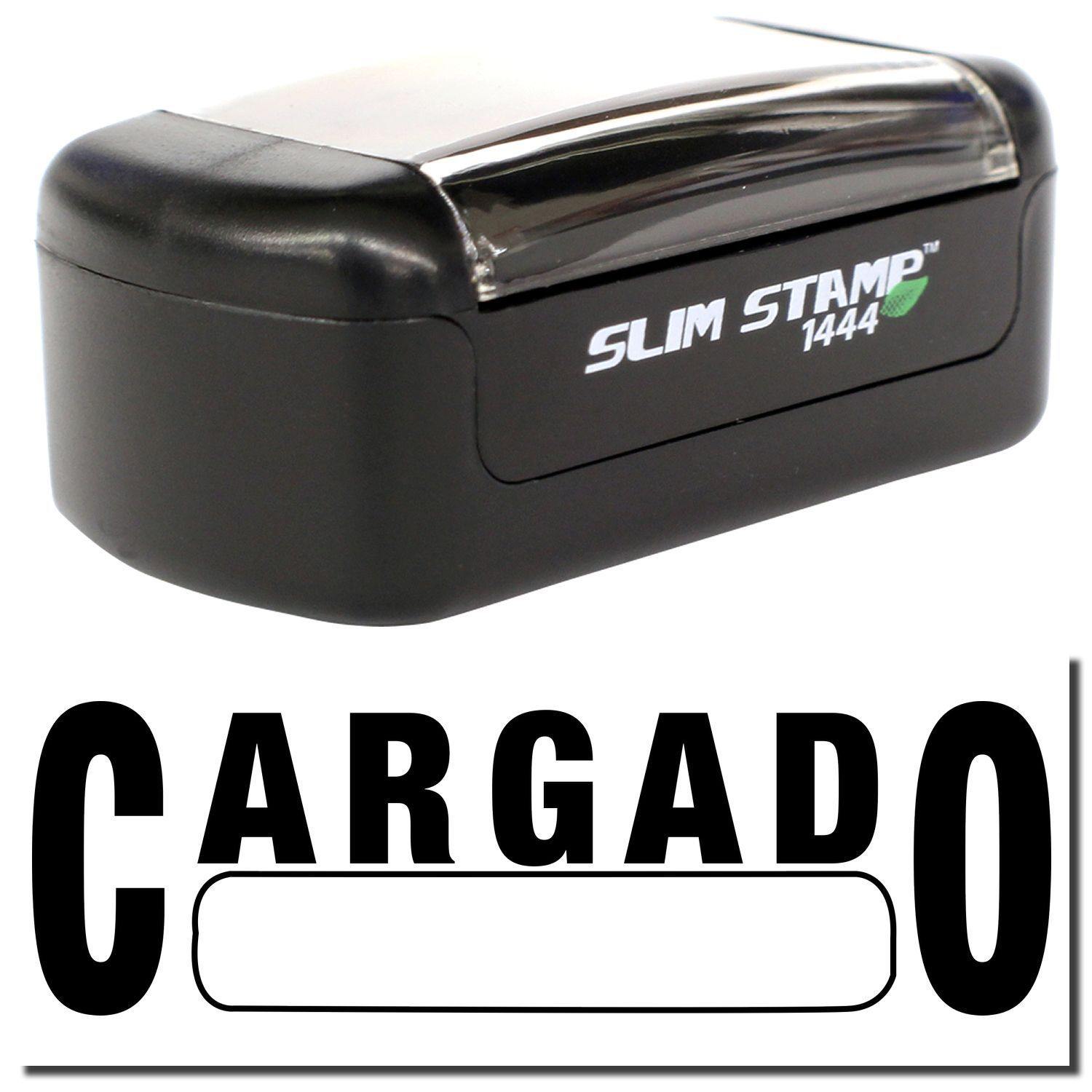 A stock office pre-inked stamp with a stamped image showing how the text "CARGADO" with a box is displayed after stamping.