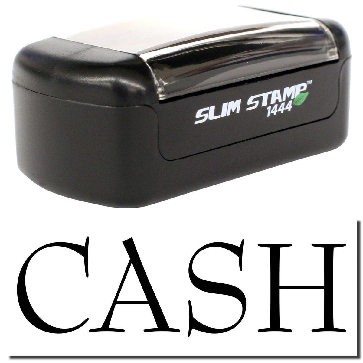 A stock office pre-inked stamp with a stamped image showing how the text &quot;CASH&quot; is displayed after stamping.