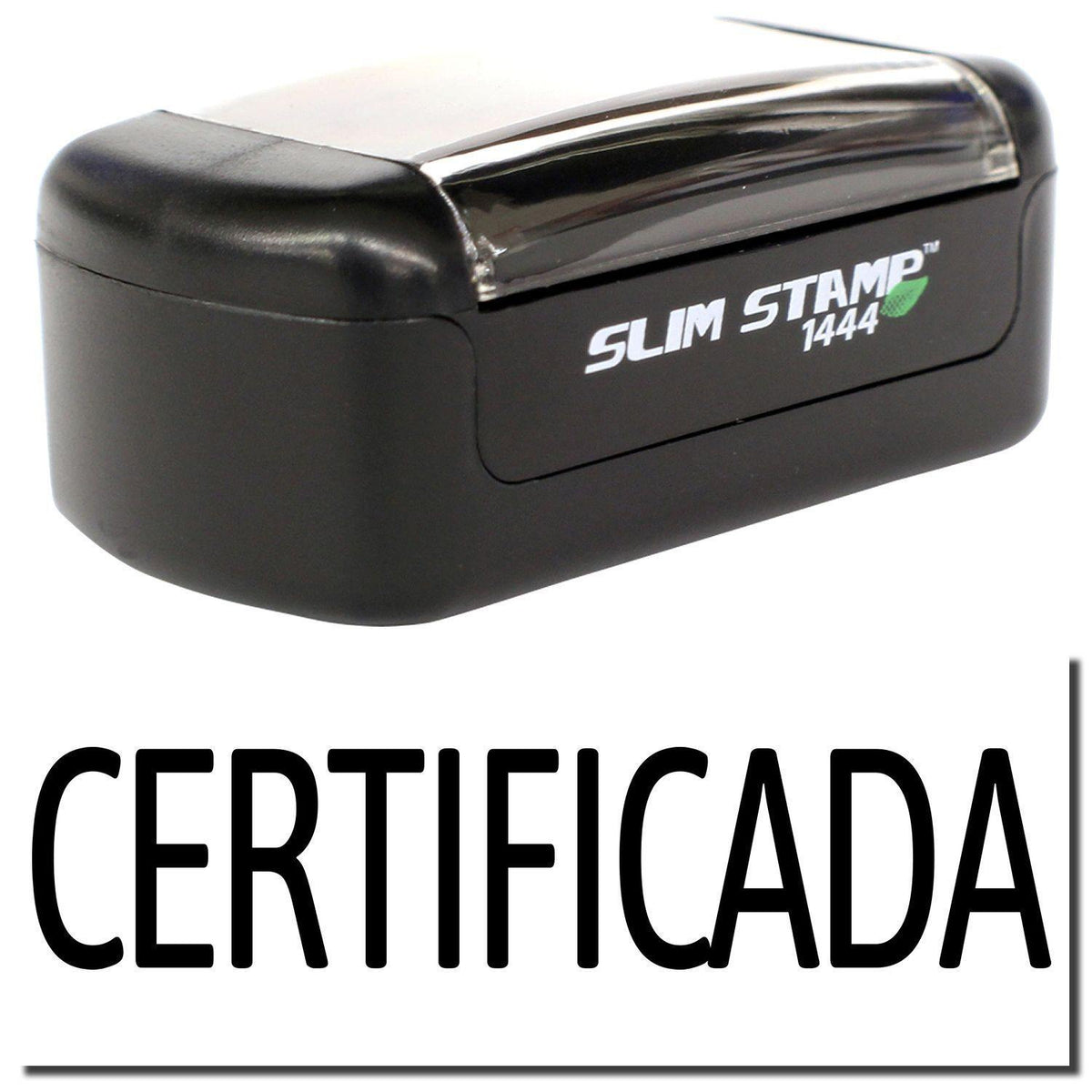 A stock office pre-inked stamp with a stamped image showing how the text &quot;CERTIFICADA&quot; is displayed after stamping.