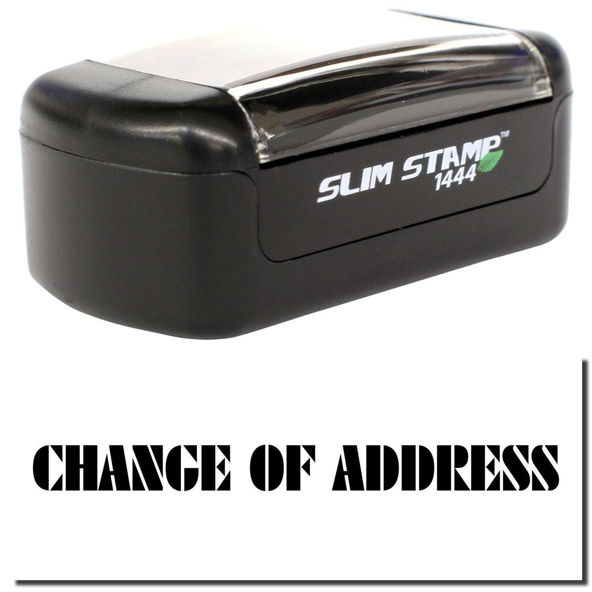 A stock office pre-inked stamp with a stamped image showing how the text &quot;CHANGE OF ADDRESS&quot; is displayed after stamping.