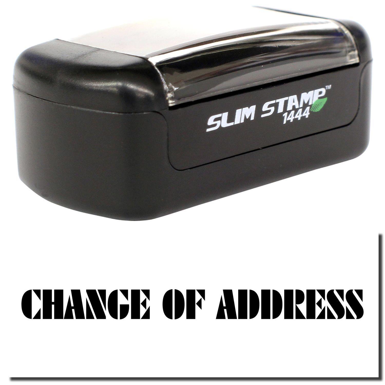 A stock office pre-inked stamp with a stamped image showing how the text "CHANGE OF ADDRESS" is displayed after stamping.