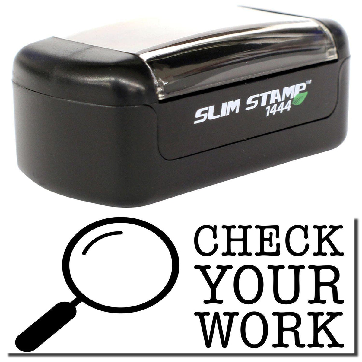 A stock office pre-inked stamp with a stamped image showing how the text &quot;CHECK YOUR WORK&quot; with a magnifying glass image on the left side is displayed after stamping.